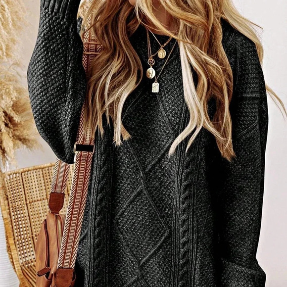 Black Casual Women's Cozy Cable Knit Drop Shoulder Loose Fit